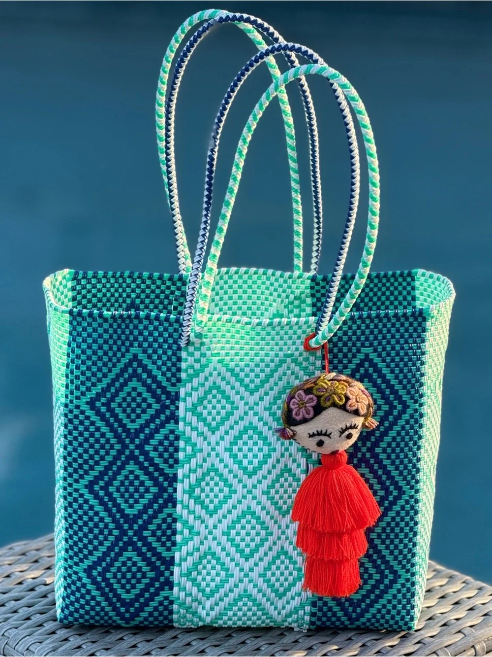 Handwoven Blue & Teal Diamond Tote Bag with Red Tassel Charm